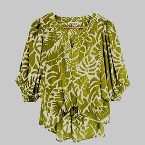 Rose & Olive Women's Green and White Large Botanical Print Blouse - Size S